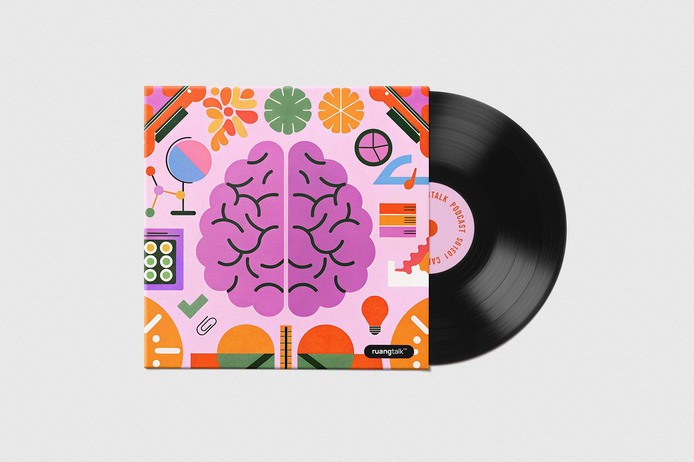 Colorful podcast vinyl cover design featuring a stylized brain illustration with creative icons and abstract shapes on a pastel background.